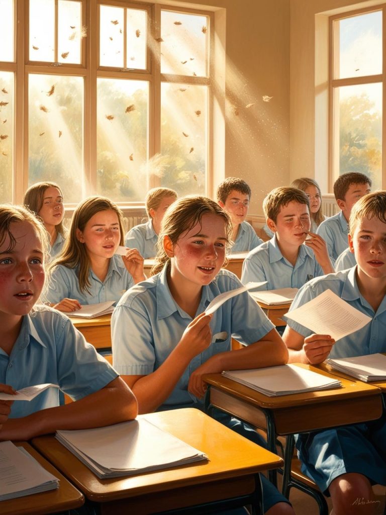 A school classroom where students are hot due to a heatwave.